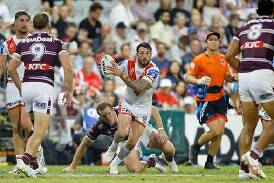 Jack Bird, pictured here playing against Manly at WIN Stadium earlier this month, will play his 150th NRL game when St George Illawarra takes on Cronulla at Shark Park on Sunday. Picture by Anna Warr