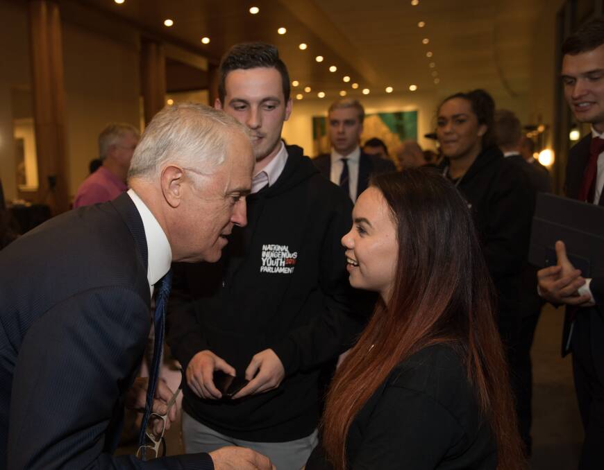 LEADERS: Tahlia King met Prime Minister Malcolm Turnbull at the National Indigenous Youth Parliament. Tahlia was one of 50 Indigenous youth parliamentarians. 

