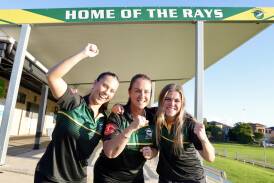 Tayla Davis, Donna Singleton and Riley Scott celebrate news that the Stingrays RLFC facilities at Flinders Oval will receive $1,857,250 to build a new female-friendly amenities building for players and referees. Picture by Sylvia Liber