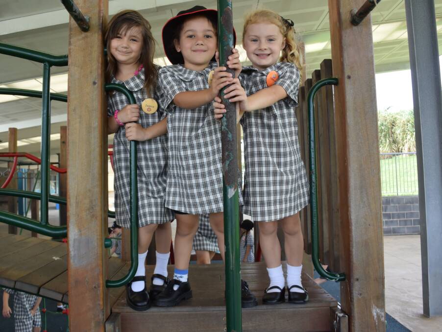 MAKING FRIENDS: Jessica Dimovski, Nevaeh Rainbird and Jasmine Young enjoyed playing on the play equipment on Thursday. Picture: Agron Latifi.