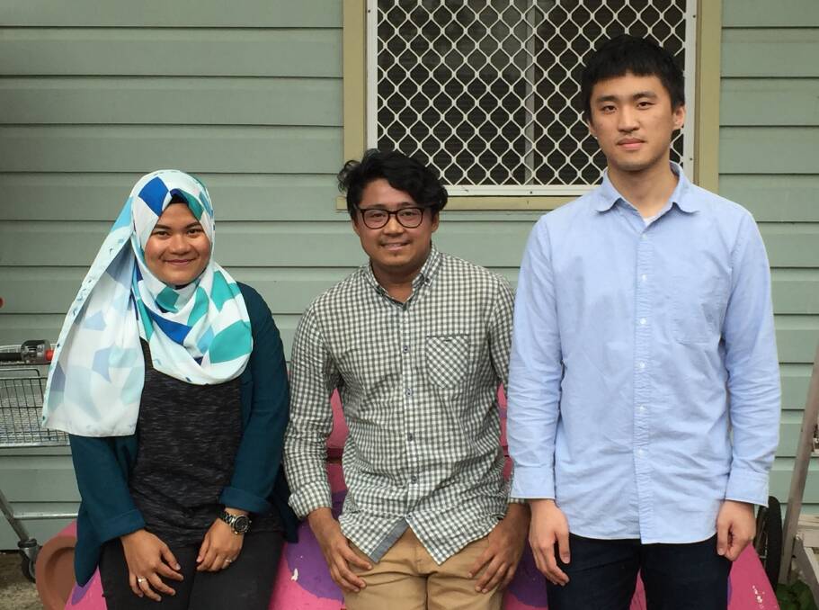 BUDDING ENTRPRENEURS: University of Wollongong students Shazy Sahrulazizi, Ariff Bahar and Chen Hu are helping entrepreneurial refugees. Picture: Supplied