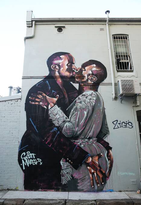 WORLDWIDE ATTENTION: Scott Marsh's mural of Kanye West kissing Kanye West is seen on Teggs Lane, Chippendale in Sydney. Picture: Brendon Thorne/Getty Images.