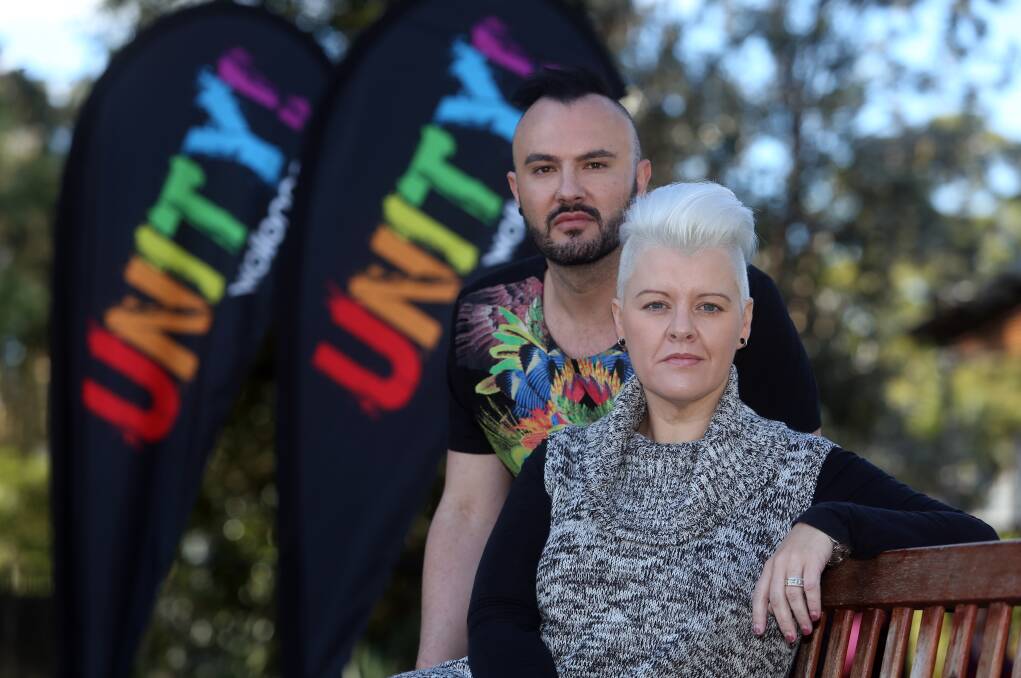 Unity Wollongong members Rob Kandalaft and Emma Rodrigues are encouraging people to come together for a peaceful vigil for the victims of the Florida massacre. Picture: Robert Peet