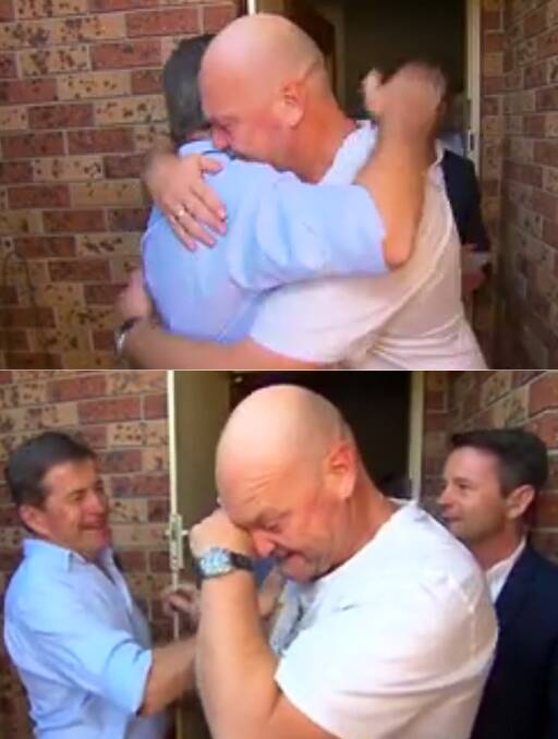 The moment Oak Flats senior paramedic Paul Norwell was surprised by the Today Show with a cheque for $10,000 and a visit from more than 100 of his colleagues. Picture: Today Show, Facebook.