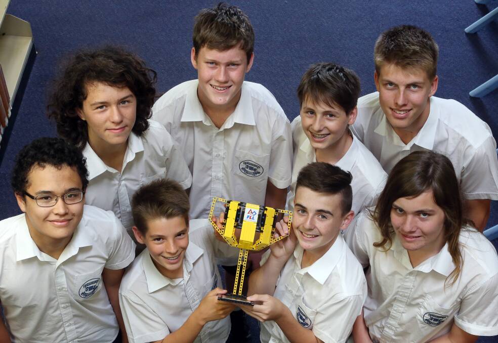 CHAMPIONS: Smith's Hill High School students (clockwise from bottom), Lachlan Cocca, Jaya Ryan, Jiah Pang, Luin Mulvihill, Kai Dreyfus-Ballesi, Patrick Hutton, Harrison Babister and Nick Wilson will represent Australia in robotics in the United States in 2016. Picture: Robert Peet