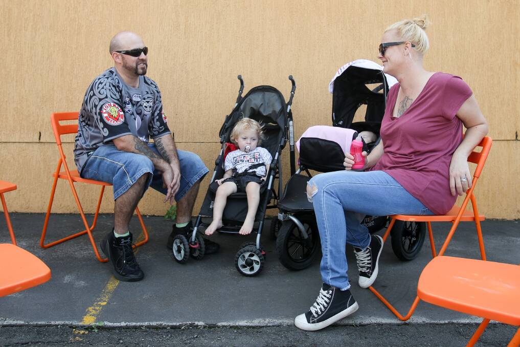 Morgan Withey with partner ​​Mieke Haverkamp and their children Raymond ​and Hahana Withey at the Wollongong Homeless Hub. Picture: Adam McLean