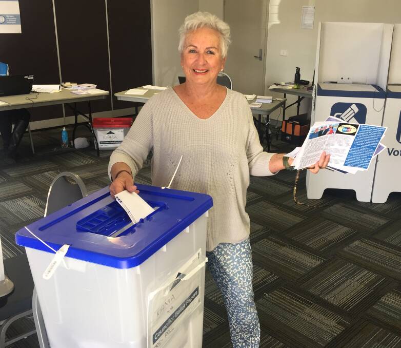 AT THE POLLS: Pre-poll voting for the Kiama council elections has begun. Lesley Timmins of Kiama Downs is pictured casting her vote. Picture: Brendan Crabb