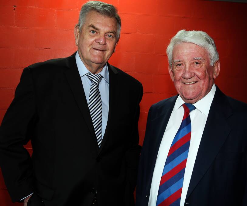 CELEBRATION: Ex-students Barry Ross, author of Centenary: 100 Years of Wollongong High, and former Test cricketer Brian Taber at the dinner. Picture: Sylvia Liber