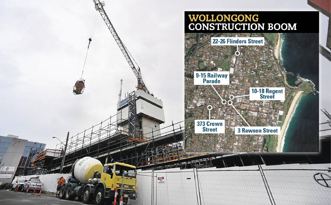 PROJECTS: ‘Signature Wollongong’, located at 10-18 Regent Street will offer 138 residential apartments, plus retail space. (Inset) A map showing recent construction in Wollongong. Picture: Sylvia Liber
