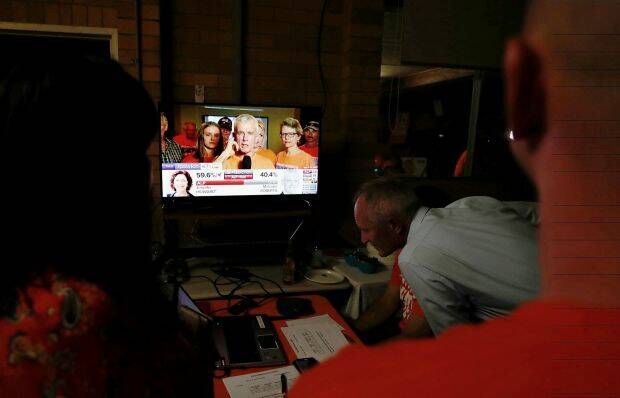 One Nation supporters watch Ipswich candidate and former senator Malcolm Roberts concede defeat. Photo: Alex Ellinghausen

