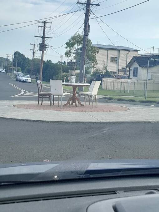 A picture of the old furniture positioned in the middle of a Warilla roundabout posted on Facebook by Michelle Schofield