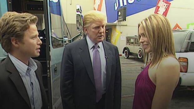 Donald Trump prepares for his cameo on Days of Our Lives in 2005, after making lewd comments on the bus. Photo: Screengrab
