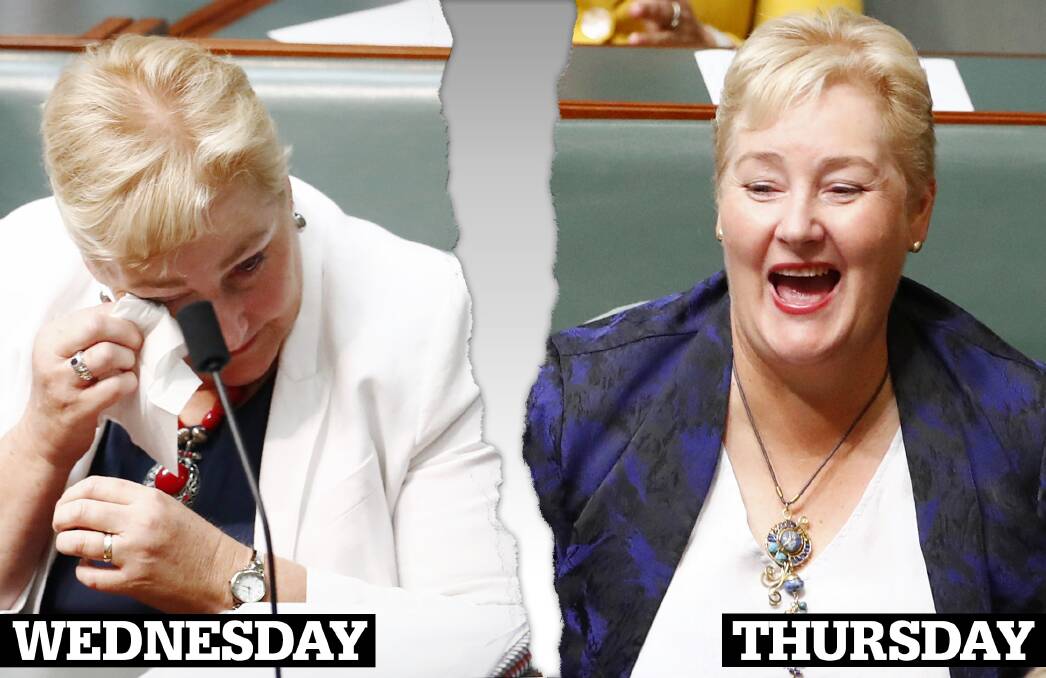 Gilmore MP Ann Sudmalis' tears amid backlash over her penalty rate comments (left) and laughing the next day. Pictures: Alex Ellinghausen