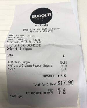 The receipt from Burger Project posted by Rutendo Ruth Muchinguri. 
