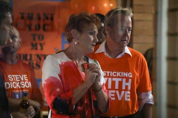 Pauline Hanson watches the results roll in. Photo: Alex Ellinghausen