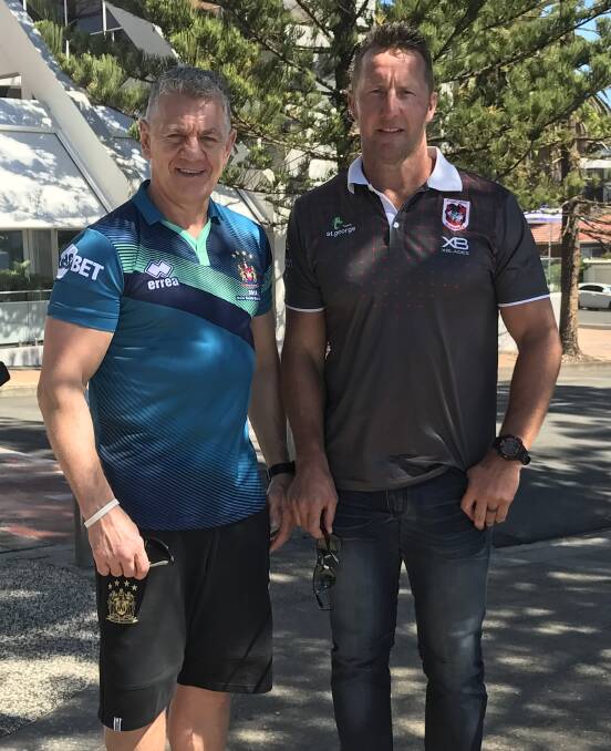 Hampson with former St George Illawarra star Shaun Timmins. Both will take part in the All-Stars touch football game, which will be the curtain-raiser to the Wigan/Hull FC game. 