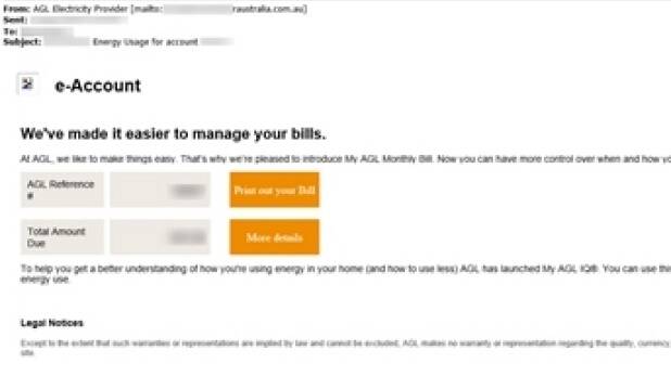 A fake AGL invoice, containing a link to a virus, which is being sent to Australians. Photo: Supplied