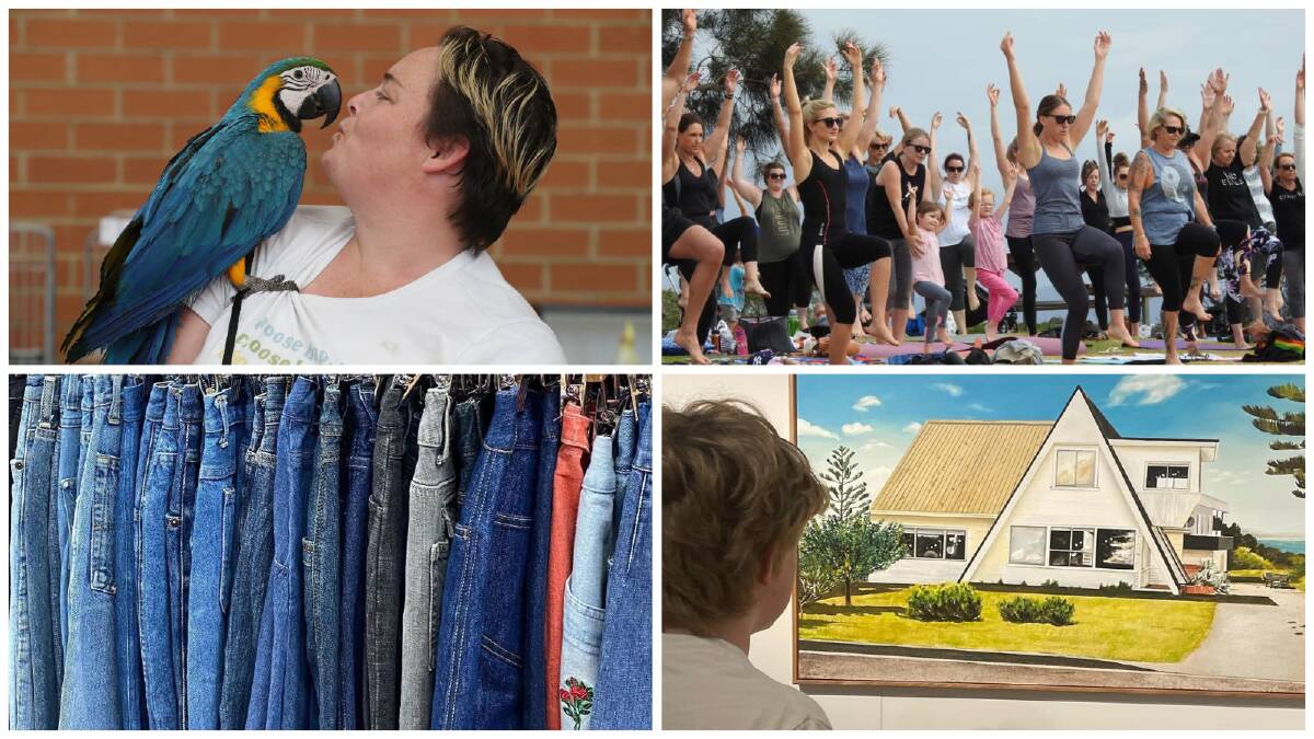 Clockwise from top left: The Bulli bird show, Barefoot Yoga at The Farm, Nicci Bedson's art exhibition and the Vintage Kilo Sale.