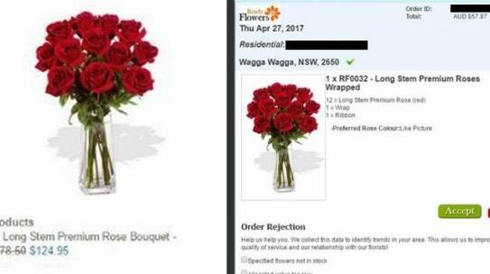 Left side shows a bunch of flowers ordered by a consumer for $124.95 and on the right is the price paid to the florist of $57.87. Photo: Supplied

