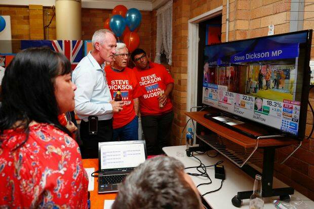 Steve Dickson and a handful of supporters watch the results being reported on television. Photo: Alex Ellinghausen

