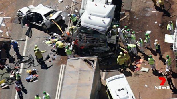 The scene of the fatal truck crash on the Newell Highway near Dubbo on Tuesday. Photo: Seven News

