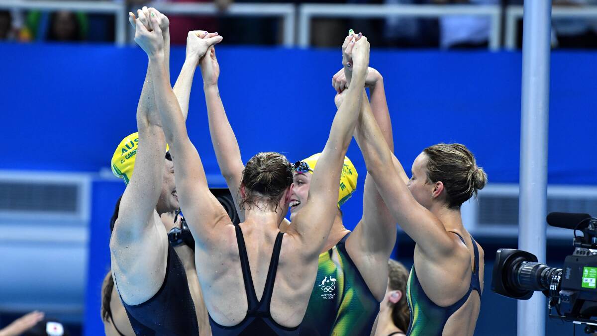The gold-medal winning Australian women's 4x100 m freestyle relay team in Rio. Photo: Joe Arma