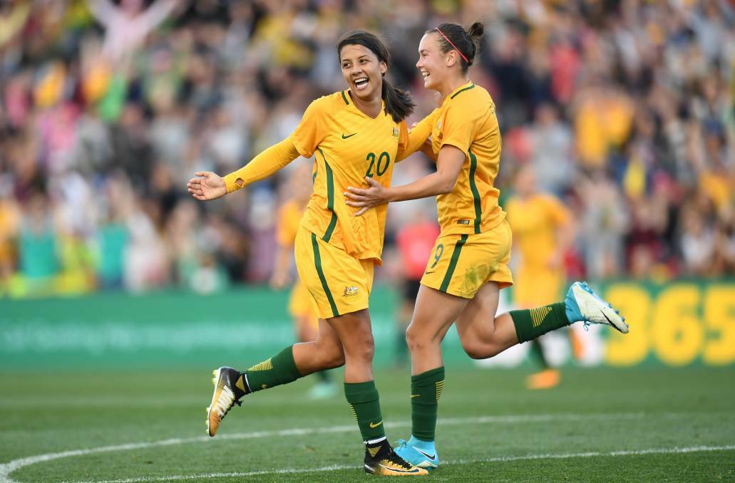  Sam kerr and Caitlin Foord during the International Series in 2017. Picture: AAP
