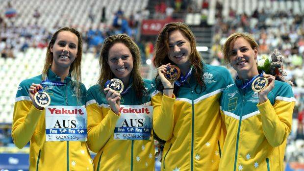 Proven record: Emma McKeon, Emily Seebohm, Cate Campbell and Bronte Campbell pose with their medals after winning the 4x100m freestyle relay at the 2015 World Championships. Photo: Matthias Hangst