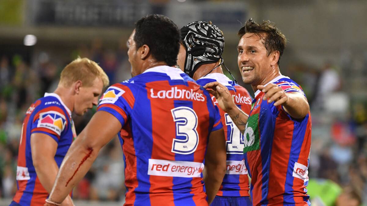 Knights players celebrate during their win over Canberra. Picture: AAP 