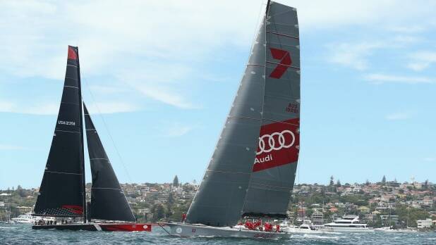 Super-maxi Comanche and Super-maxi Wild Oats XI at the start of the 2015 Sydney to Hobart yacht race. Photo: Getty Images