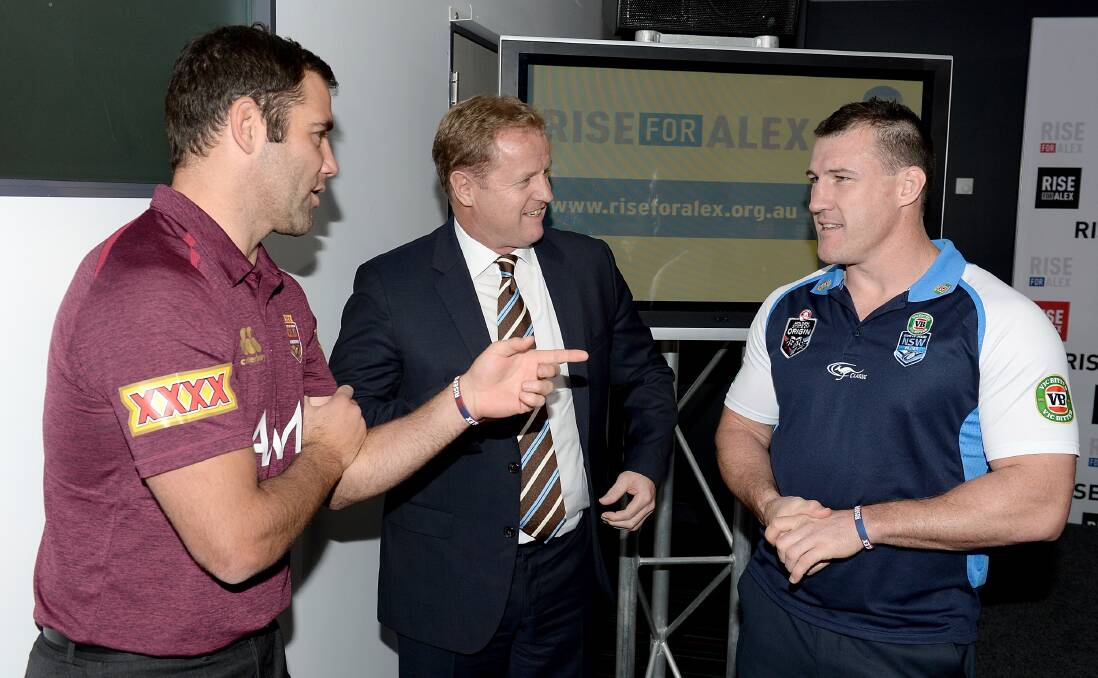 Cameron Smith, NRL chief executive David Smith and Paul Gallen during yesterday's launch of the RiseForAlex round. Picture: GETTY IMAGES