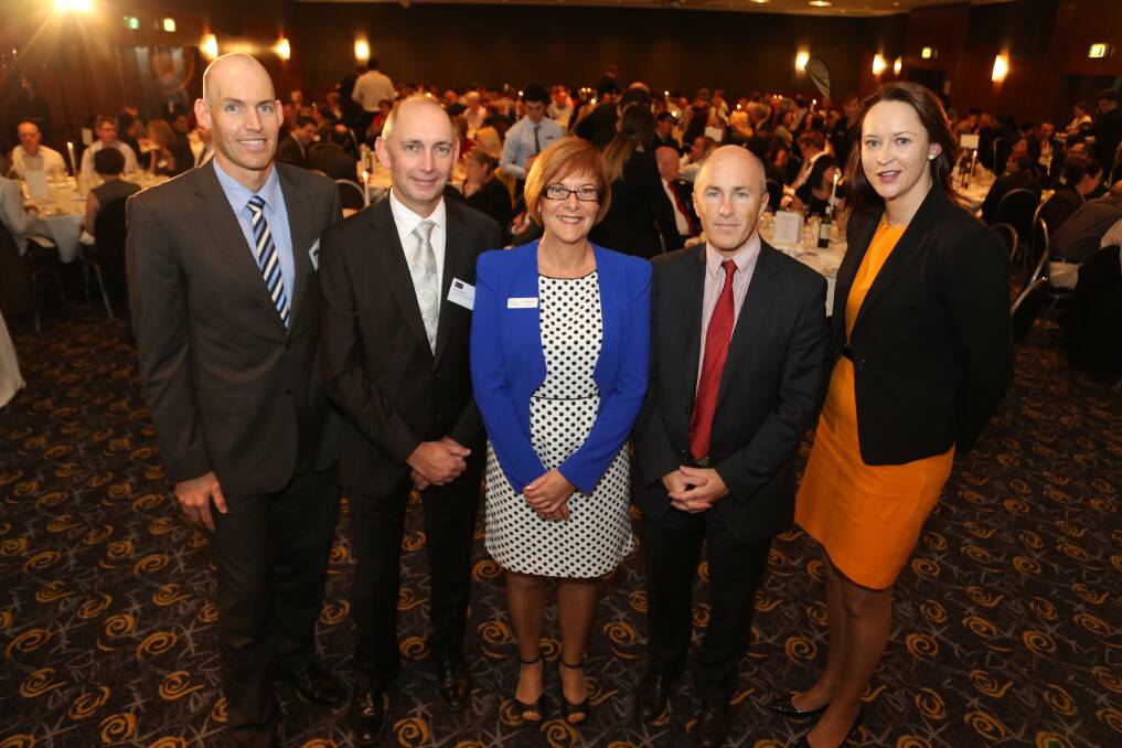 Line-up: Adam Cole, Kevin Ayres, Debra Murphy, Craig James and Courtney West at the 2014 Illawarra Business Chamber Federal Budget Lunch.Picture: GREG ELLIS