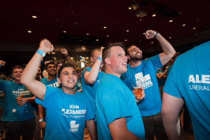 fedpol - December 16: Volunteers celebrate for Liberal candidate John Alexander's election night function at Ryde-Eastwood Leagues Club on December 16, 2017 in Sydney, Australia.  (Photo by Christopher Pearce/Fairfax Media)