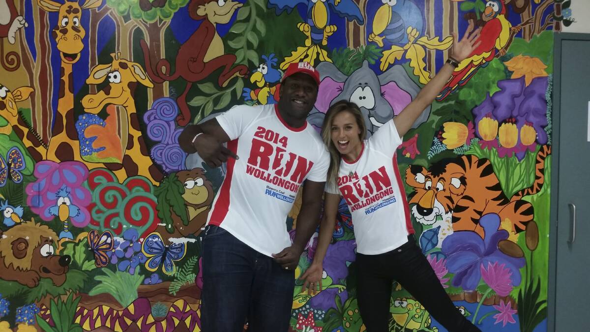 Former Dragons star Wendell Sailor and South Coast surfing great Sally Fitzgibbons promote Run Wollongong, which is happening on Sunday.