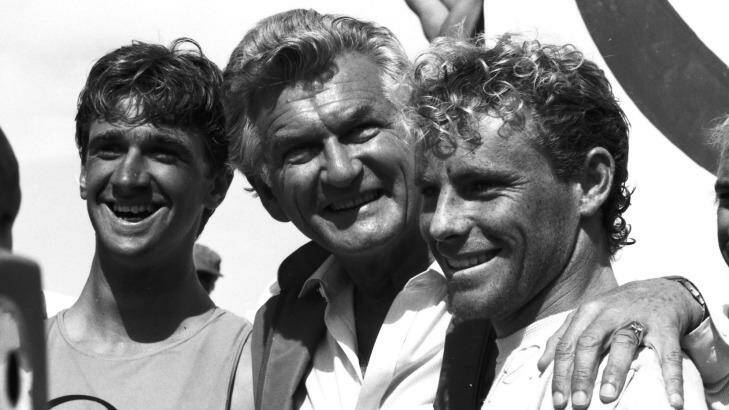 Prime Minister Bob Hawke with surfer, Barton Lynch, left, Tom Carroll, right, at Bondi Beach in 1984. Photo: Bruce Miller