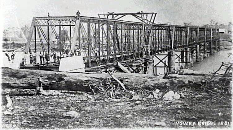 The Nowra Bridge  under construction  in 1881.   WOLLONGONG CITY LIBRARY