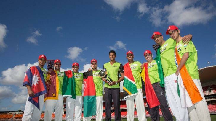Nations unite: Representatives of the eight nations to  in the Thunder Nation Cup with Sydney Thunder's Gurinder Sandhu. Photo: Michele Mossop