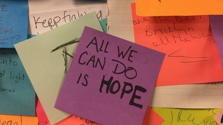 Commuters use the notes to express their feelings in the Union Square subway station, New York. Photo: Sam Lane