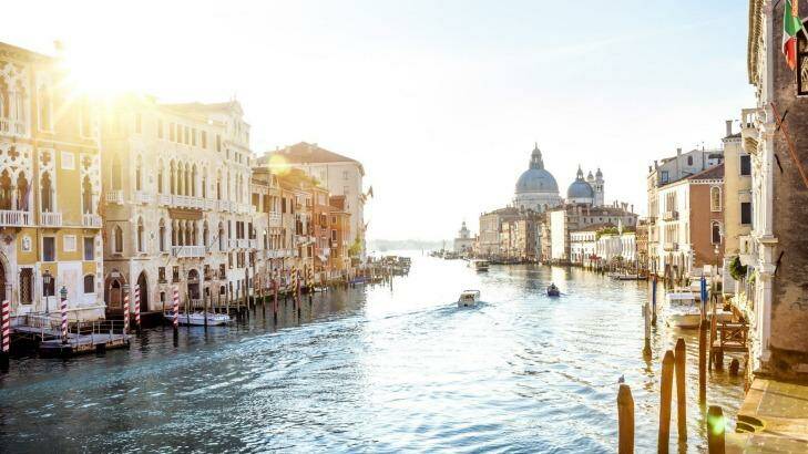 View from Accademia Bridge on Grand Canal in Venice.