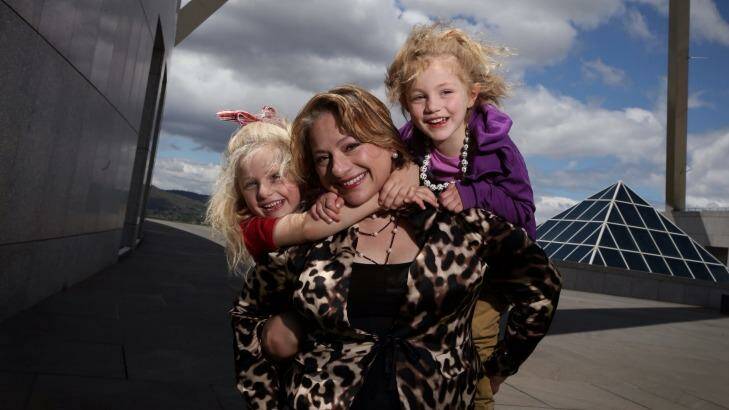 Former MP Sophie Mirabella with her children Kitty and Alexandra at Parliament House. Photo: Andrew Meares