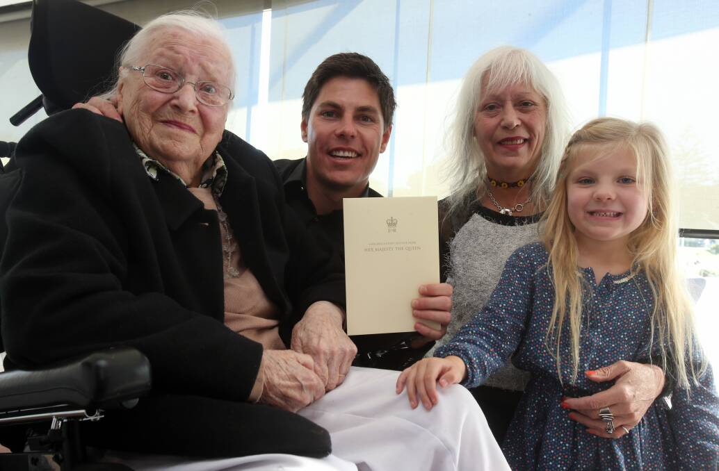 Maria Cristante celebrates her 100th birthday with grandson Levi Gibson, daughter Gabriella Gibson and great-granddaughter Raen Gibson at the Harbourfront Restaurant. Picture: ROBERT PEET