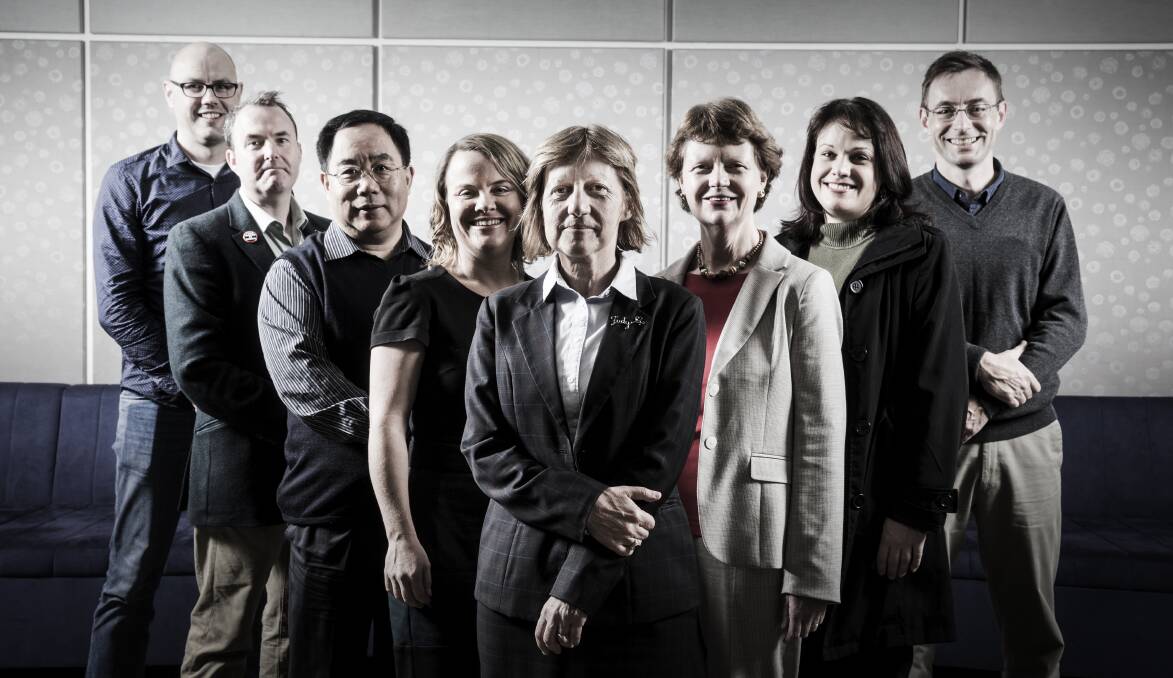 Among those presenting their research at UOW's Big Ideas Festival in August are:From left: Professor Antoine van Oijen, Professor Daniel Hutto, Professor Huijun Li, Professor Sue Bennett, Professor Judy Raper, Deputy Vice-Chancellor (Research and Innovation), Professor Robin Warner, Professor Madeleine du Toit, Professor Clive Schofield (Master of Ceremonies).