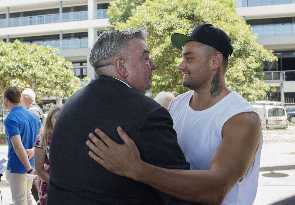 Sydney Rabbitohs CEO Shane Richardson hugs John Sutton after announcing his departure. Picture: CHRISTOPHER PEARCE