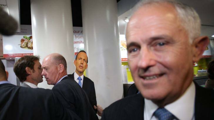 Mr Turnbull is stalked by a Tony Abbott cut-out at Penrith Westfield in western Sydney. Photo: Andrew Meares