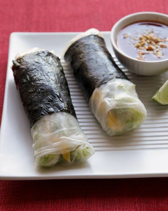 Rice paper and nori rolls filled with crab and magoe <a href="http://www.goodfood.com.au/good-food/cook/recipe/crab-and-sweet-mango-rolls-20111018-29x40.html"><b>(Recipe here).</b></a> Photo: Marina Oliphant