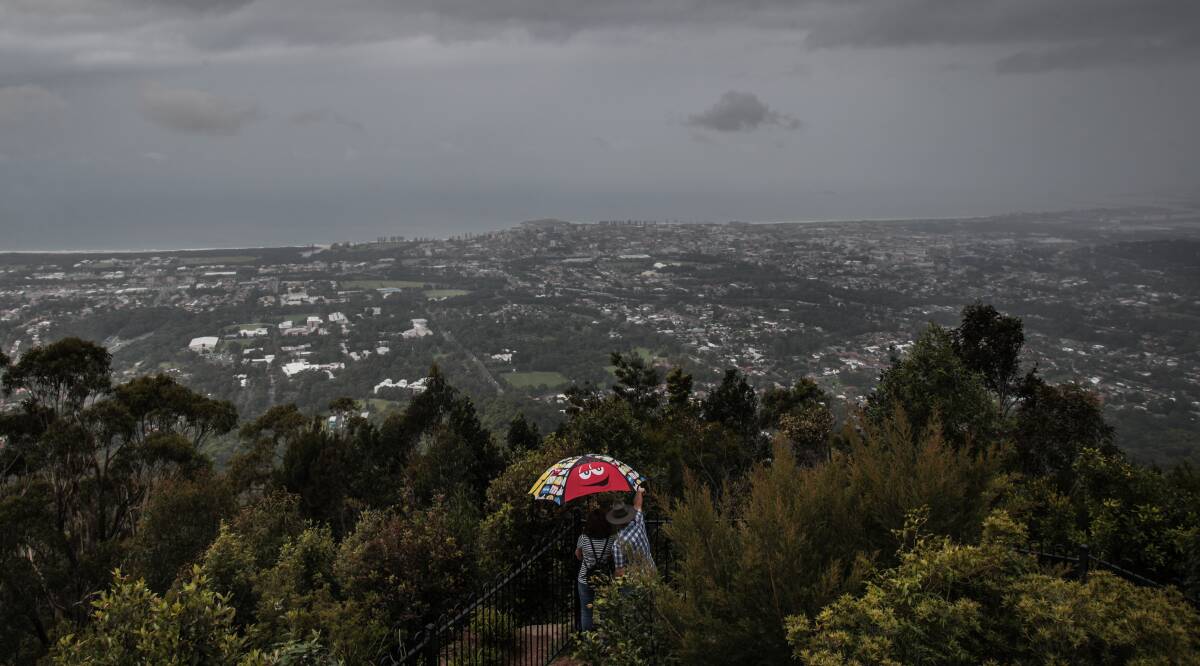 Here it comes: The view from Mt Keira lookout on April 19, ahead of the deluge. Picture: ADAM McLEAN