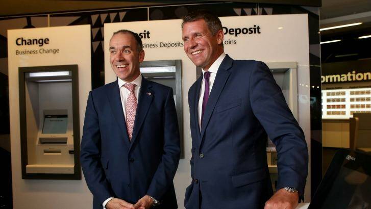 Former NSW premier Mike Baird (right) with NAB CEO Andrew Thorburn in Melbourne on Tuesday.  Photo: Pat Scala