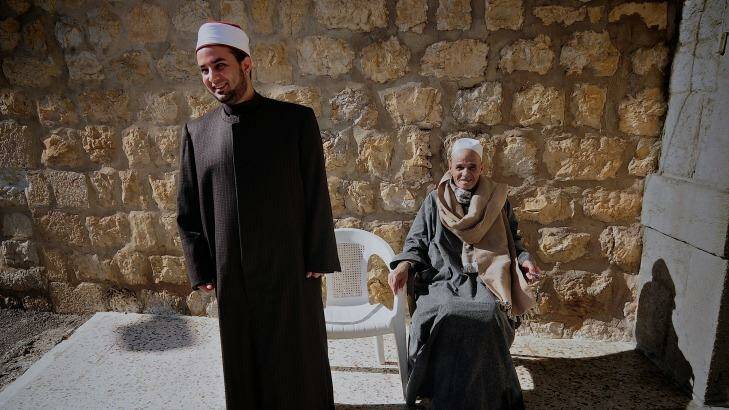 Sheikh Mosaad Negm and his father outside the mosque in Hasbaya. Photo: Fadi Yeni Turk