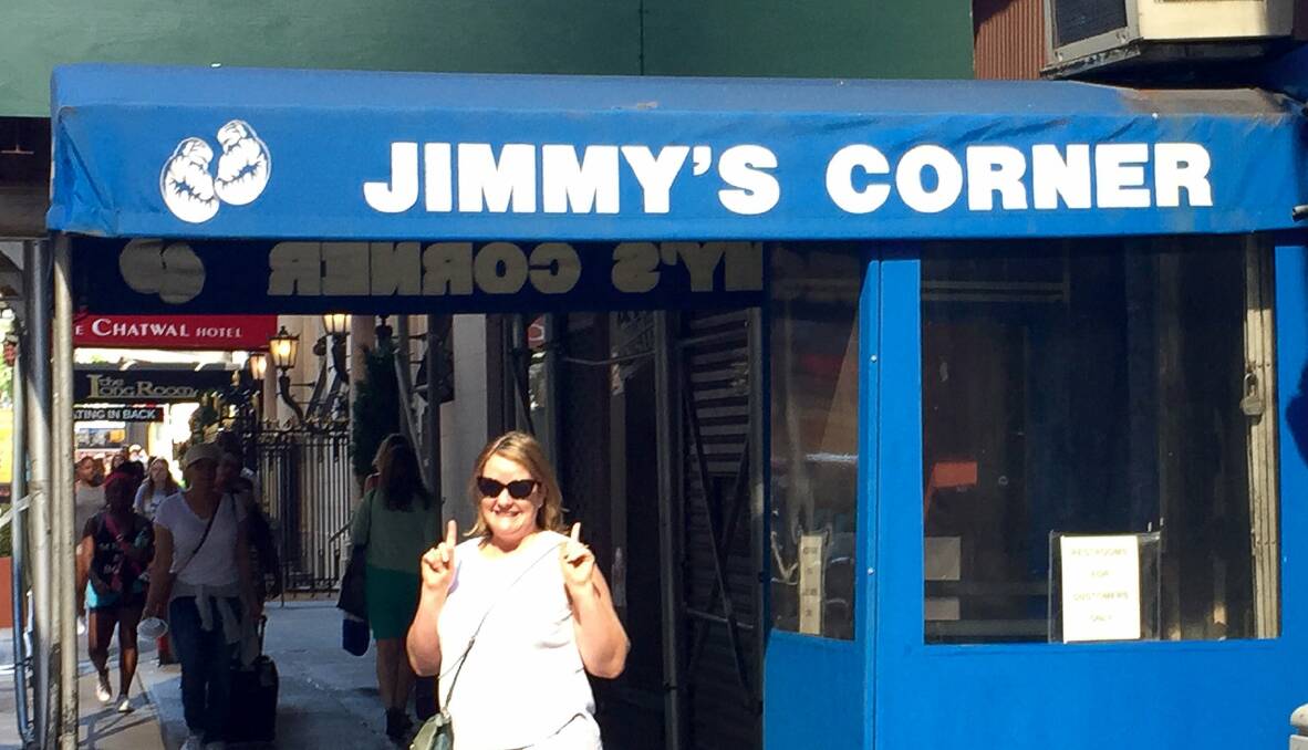 Angela Gilmour outside Jimmy's Corner bar on West 44th Street, New York. Picture: KIRK GILMOUR