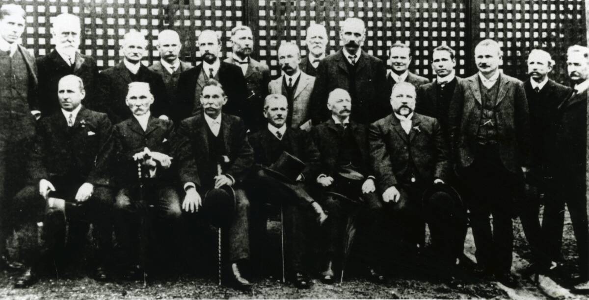 At the opening of Wollongong Hospital in July 1907. Back row, from left, W.H. Owen, W.G. Lance, W.Rigg (ex-MLA), J.Kirby, Dr John Kerr, W.Mckenzie, S.C. Rose, Alex Campbell (ex-MLA), Walter Evans, Frank Farnell, J.H. Parsons, J.A. Mayo (secretary), R.Finlayson, W.G. Robertson (honorary treasurer). Front row, sitting from left, Harold Cox, J.B. Nicholson (MLA), W.J. Wiseman (Mayor of Wollongong), Hon J.H.Carruthers, Dr T.W. Wade and Thomas Cook. Picture: From the collections of WOLLONGONG CITY LIBRARY and ILLAWARRA HISTORICAL SOCIETY
